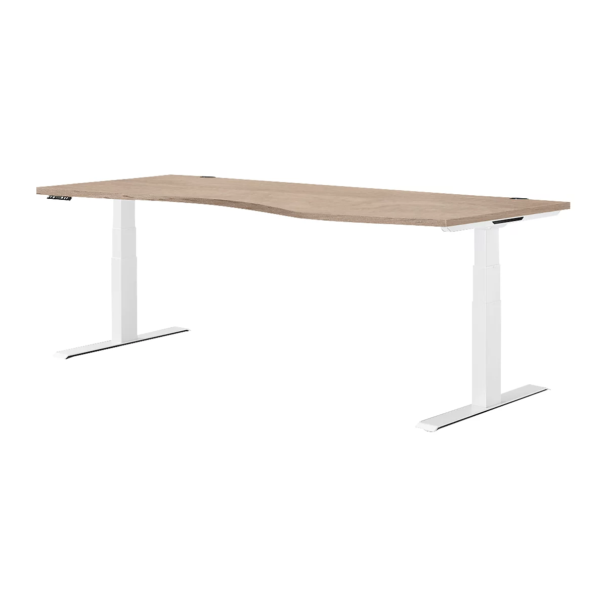 Bureau ergonomique brun clair avec pieds blancs réglables en hauteur. Le plateau est courbé.