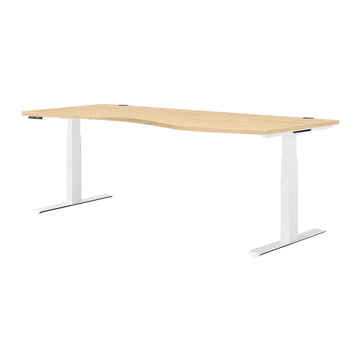 Bureau ergonomique brun clair avec pieds blancs et plateau légèrement incurvé. Le bureau est illustré sur fond blanc.