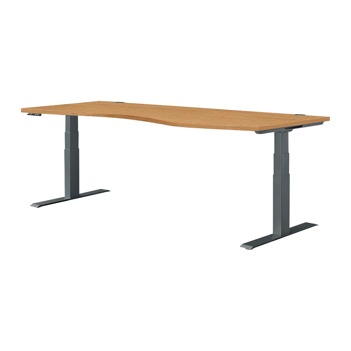 Bureau ergonomique brun clair avec pieds gris réglables en hauteur. Le plateau est légèrement incurvé.