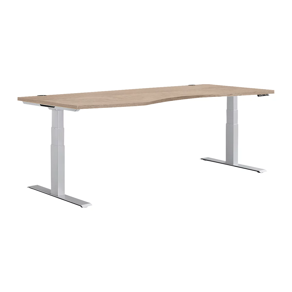 Un bureau réglable en hauteur avec un plateau en bois et un cadre peint en blanc. Le plateau de la table est légèrement incurvé.