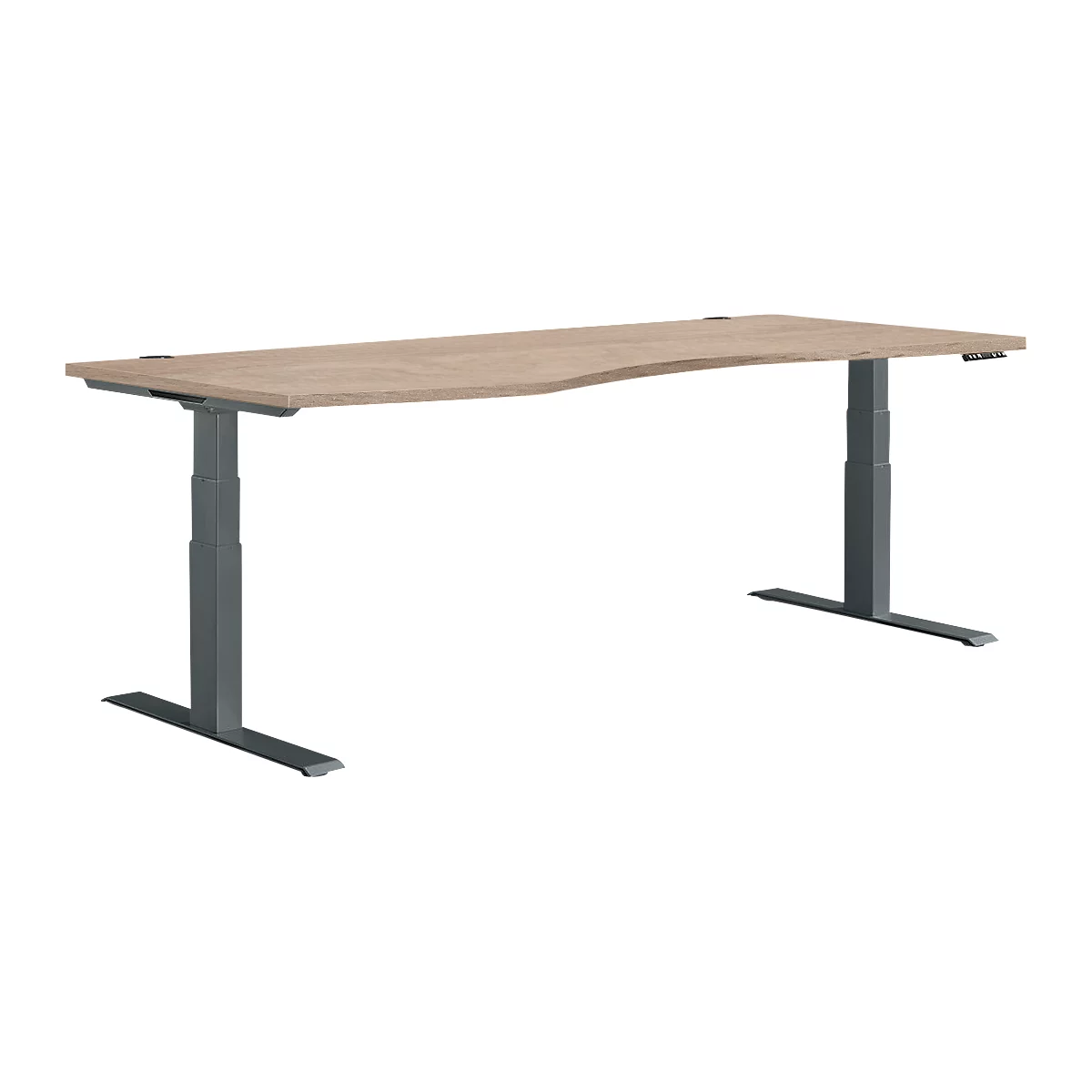 Bureau ergonomique brun clair avec pieds gris réglables en hauteur et un plateau incurvé.