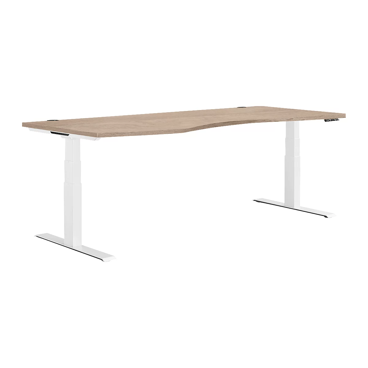 Bureau brun clair, de forme ergonomique, avec des pieds blancs réglables en hauteur. Vue de côté.