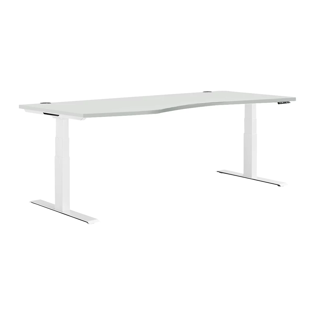 Un bureau blanc réglable en hauteur avec un plateau incurvé. Les pieds sont blancs et en forme de T.