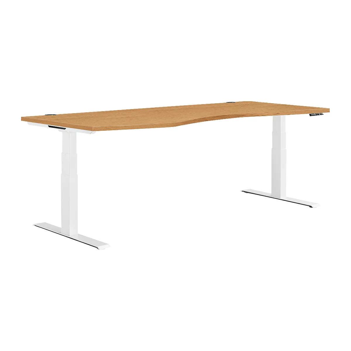 Bureau ergonomique brun clair avec pieds blancs réglables en hauteur. Le plateau de la table a une forme incurvée.