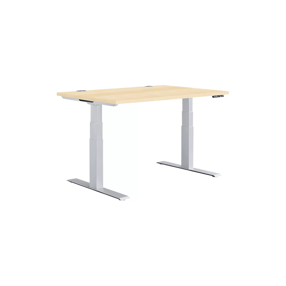 Schäfer Shop Genius Bureau MODENA FLEX, réglage électrique de la hauteur, rectangle, pied en T, L 1200 x P 800 mm, érable/alu blanc