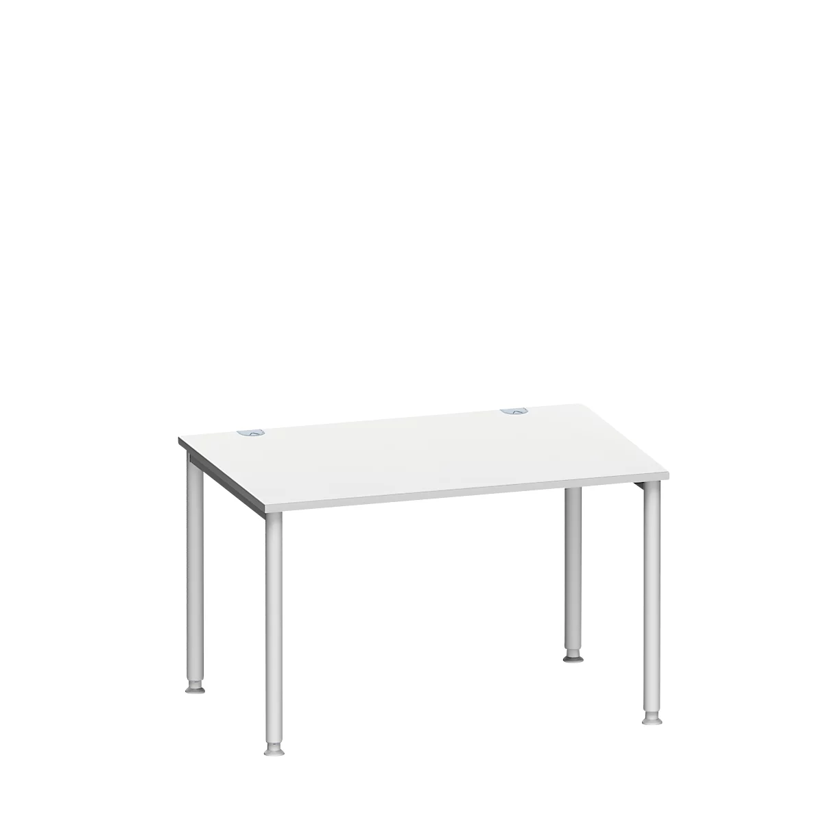 Bureau blanc avec plateau rectangulaire et pieds argentés.