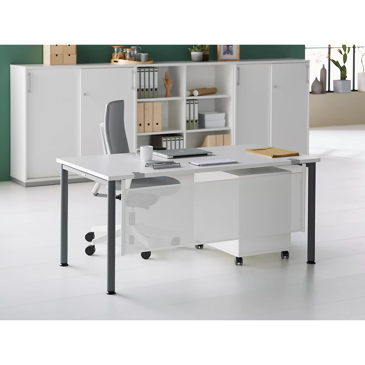 Schäfer Shop Genius Bureau MODENA FLEX, tube rond à 4 pieds, L 1600 x P 800 mm, blanc/anthracite
