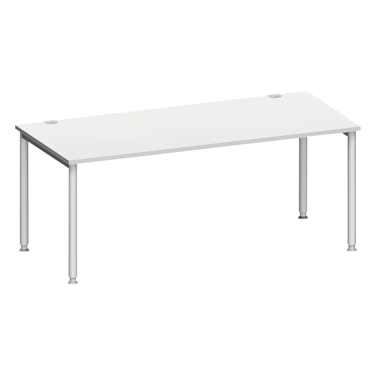 Bureau blanc avec quatre pieds gris, trous pour câbles et pieds réglables.