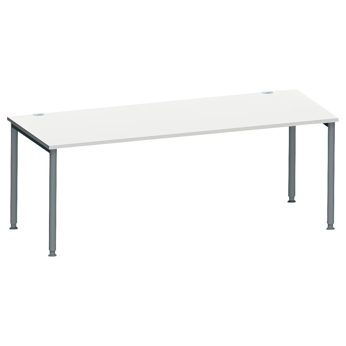 Bureau blanc avec pieds gris. Deux ouvertures rondes dans la surface.