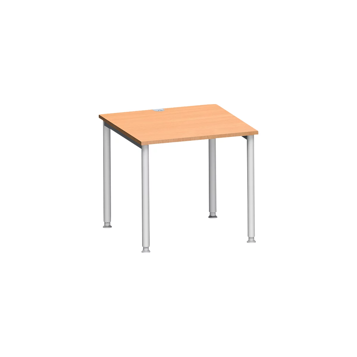 Table carrée avec plateau brun clair et pieds argentés.