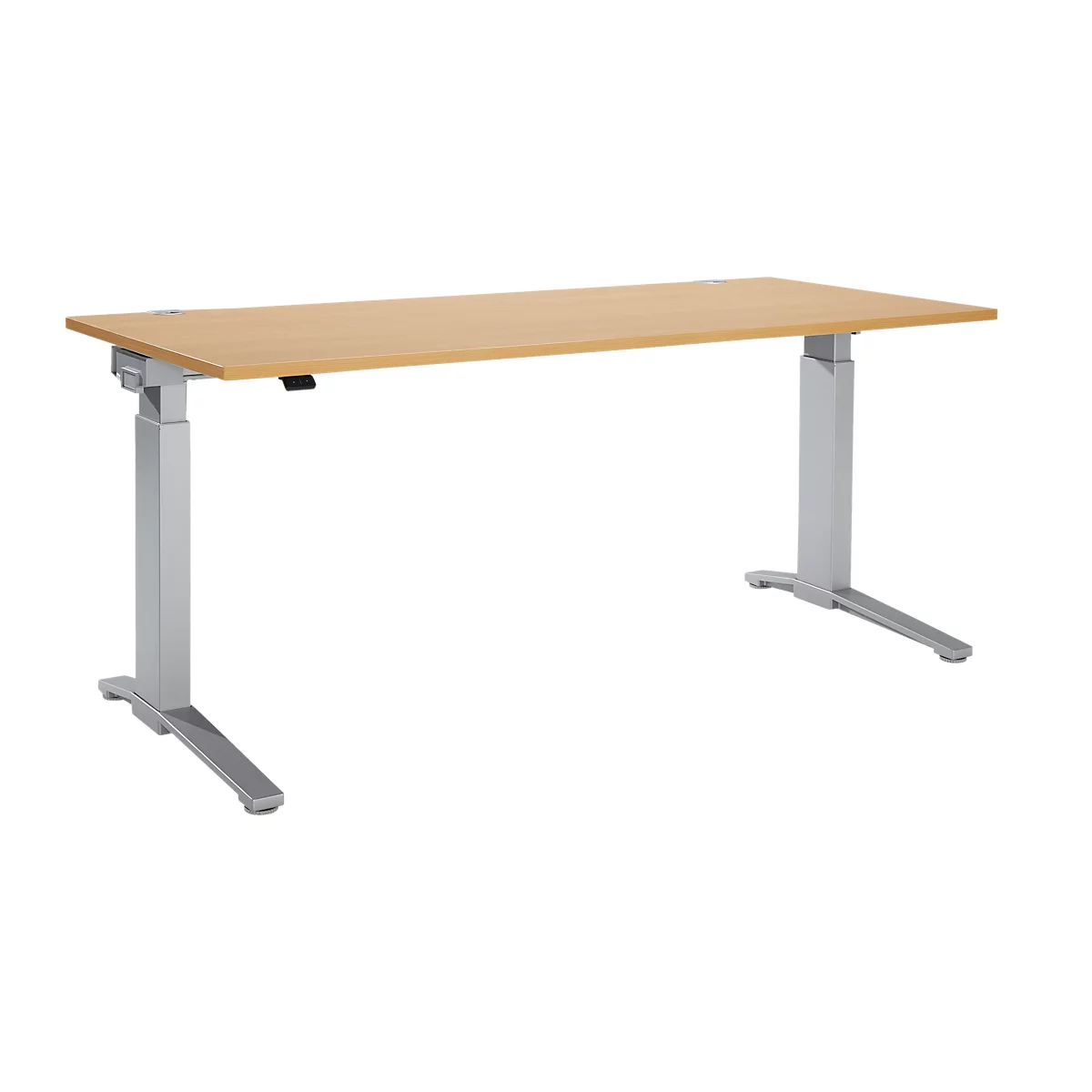 Schäfer Shop Genius Bureautafel PLANOVA ergoSTYLE, C-poot, rechthoek, eentraps elektr. in hoogte verstelbaar, B 1800 mm, beukenpatroon/blank aluminium 