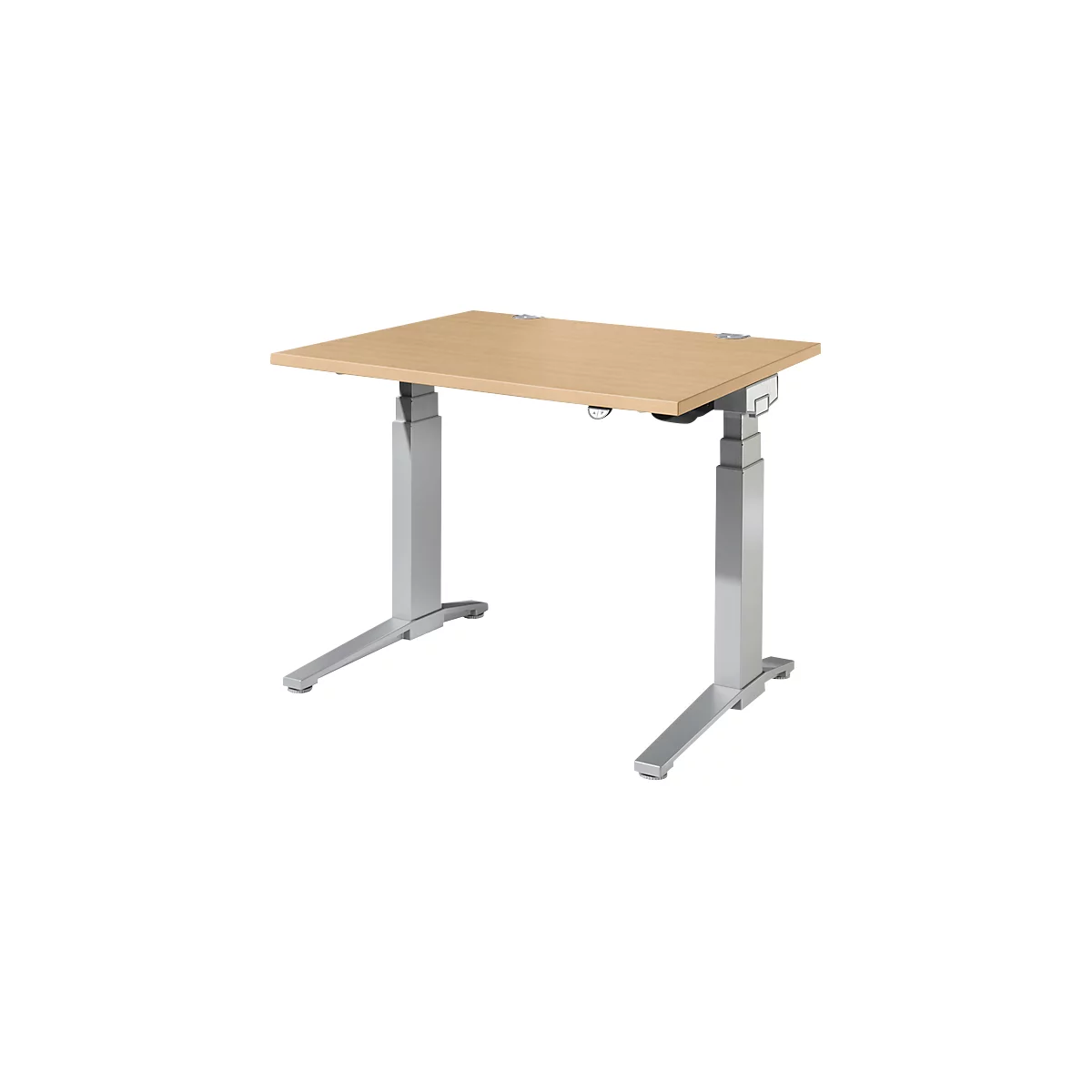In hoogte verstelbaar bureau met lichtbruin tafelblad en zilverkleurige poten.
