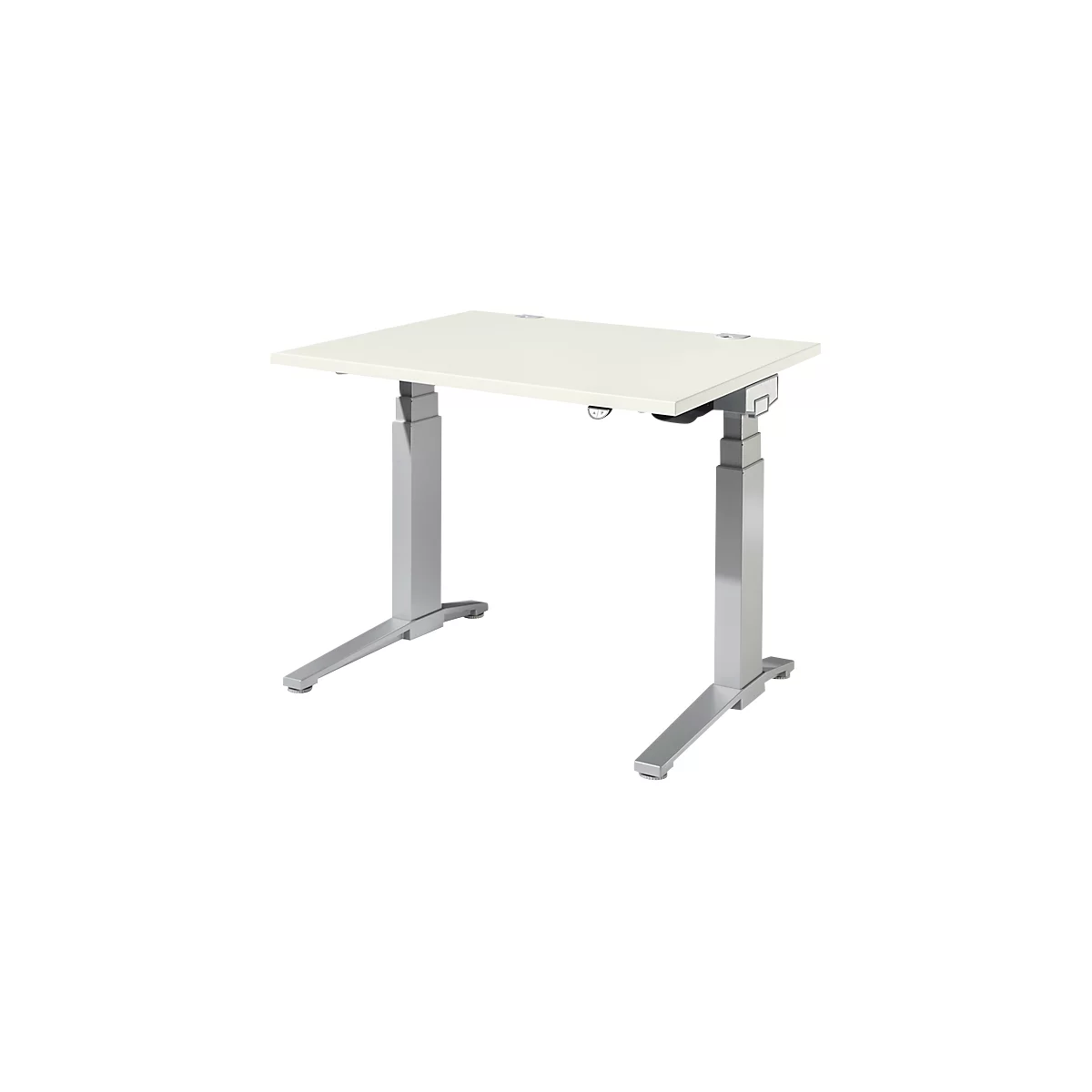 In hoogte verstelbaar bureau met een lichtgrijs tafelblad en zilveren poten. Een klein bedieningspaneel bevindt zich onder het tafelblad.