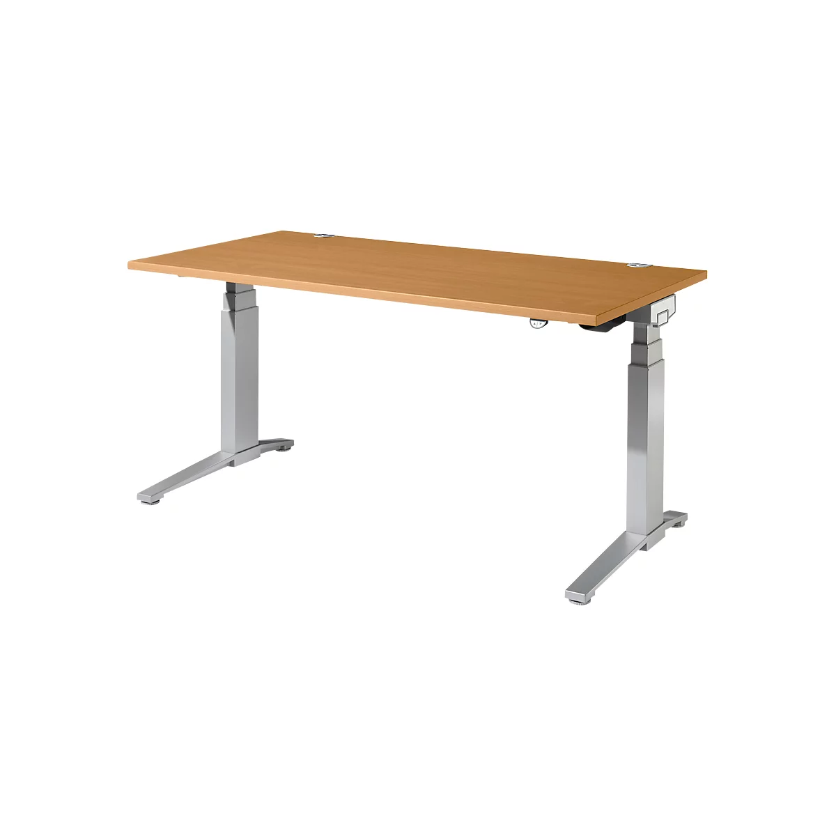 Een in hoogte verstelbaar bureau met een lichtbruin tafelblad en zilveren poten. Het detail toont het in hoogte verstelbare mechanisme.