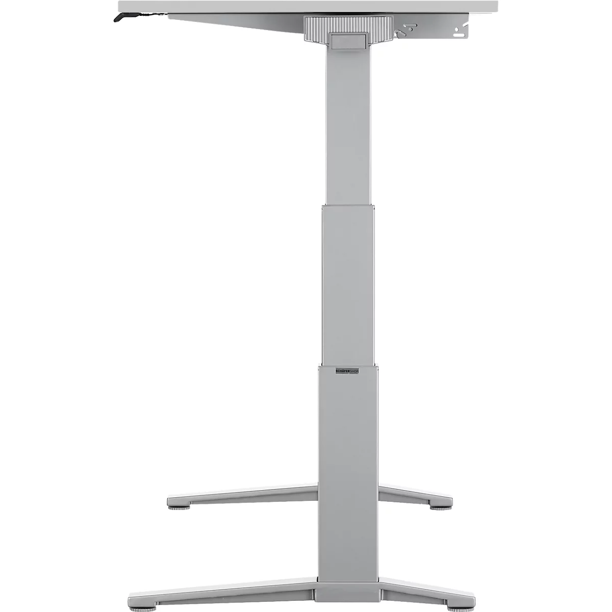 Een in hoogte verstelbaar, grijs bureau, getoond in detail. Het tafelblad en het frame hebben een neutrale stijl.