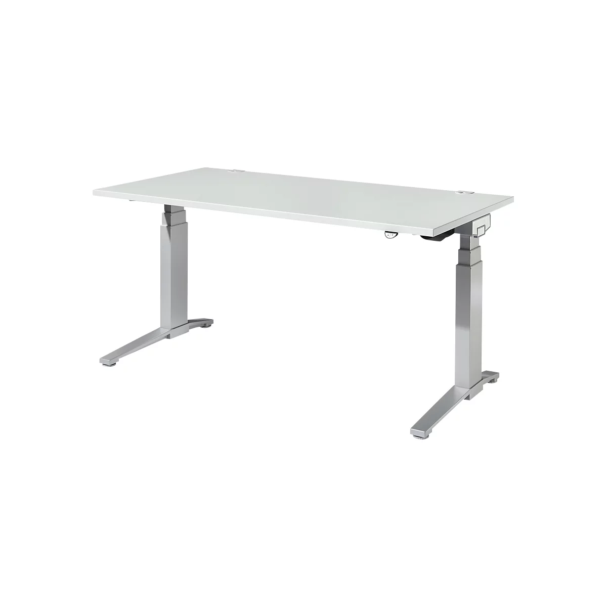 Een witte, in hoogte verstelbare bureau, waarvan de poten zijn gemaakt van zilverkleurig metaal. Het bureau staat tegen een neutrale achtergrond.