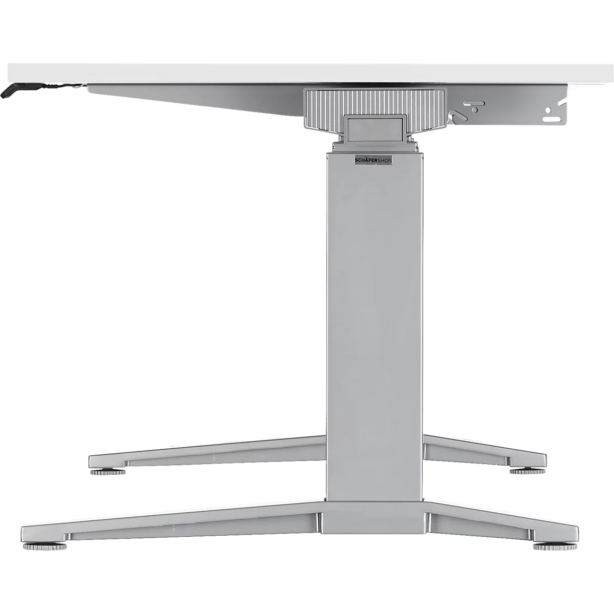 Lichtgrijze in hoogte verstelbare bureau met wit tafelblad, stalen frame en vier poten.