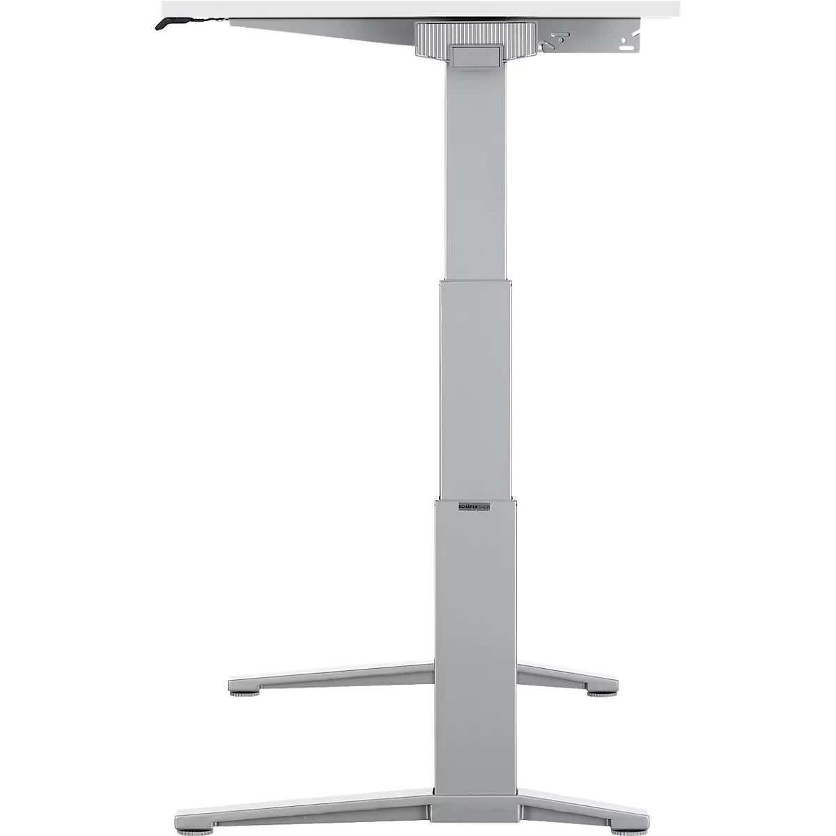 In hoogte verstelbaar bureau met wit tafelblad, grijs frame, in detail tegen een witte achtergrond.