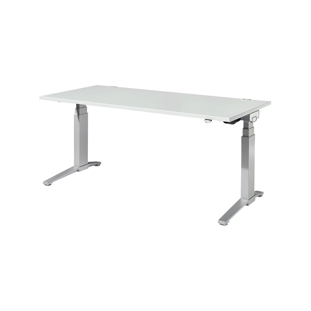 Witte, in hoogte verstelbare bureau. Zilveren frame. Rechthoekig tafelblad, iets verhoogd. Detail van het hefmechanisme.