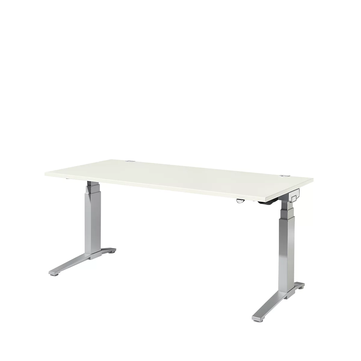 Een witte, in hoogte verstelbare bureau met zilveren poten staat op een witte achtergrond.