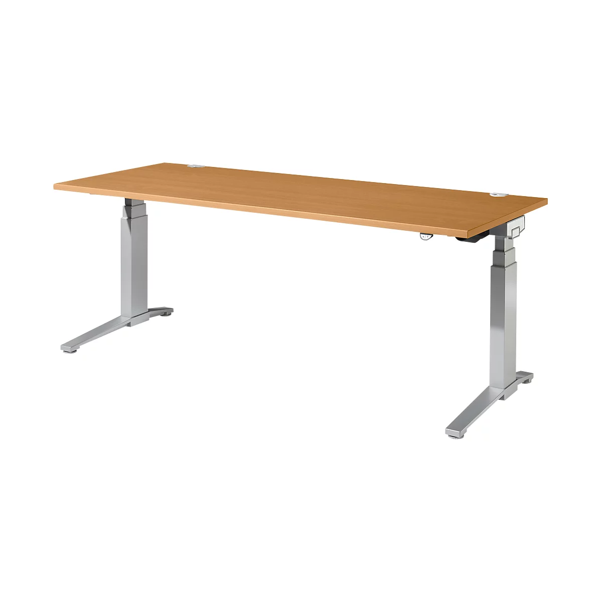 Lichtbruine in hoogte verstelbare bureau met zilveren poten. Het tafelblad is rechthoekig.