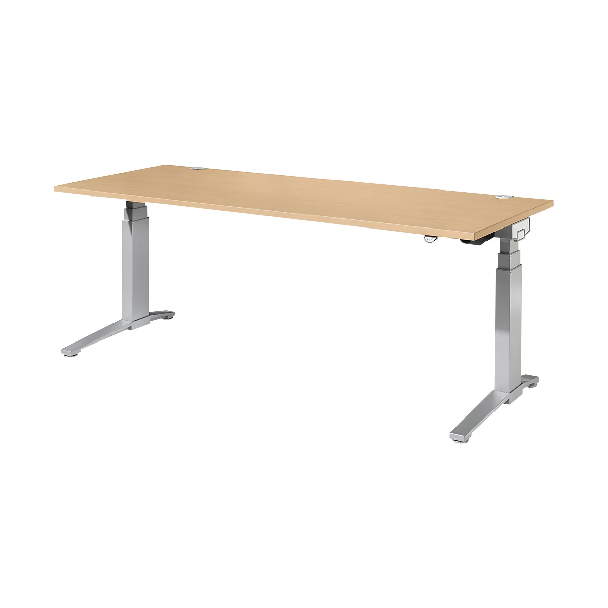 Schäfer Shop Genius Bureautafel PLANOVA ergoSTYLE, C-poot, rechthoek, tweetraps elektr. in hoogte verstelbaar, B 2000 mm, esdoornpatroon/blank aluminium 