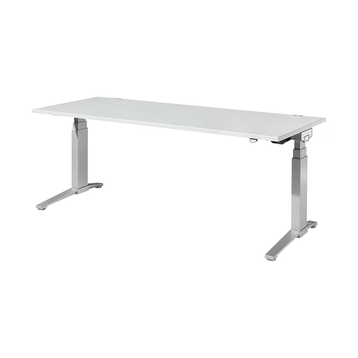 Een witte, in hoogte verstelbare bureau met zilveren poten, staand op een witte achtergrond.