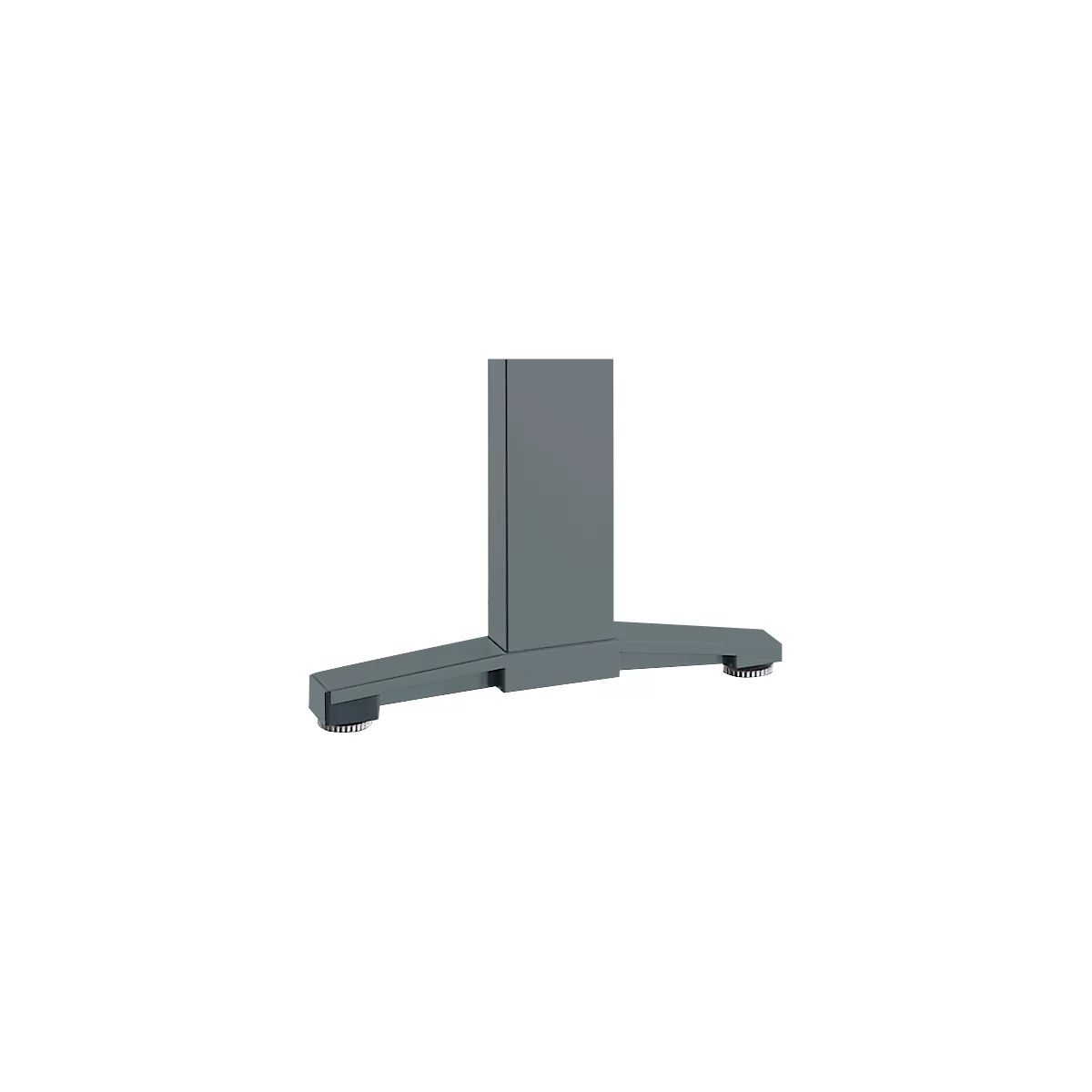 Gray table base, in detail. Rectangular stand with stable feet that have small black pads at the ends.