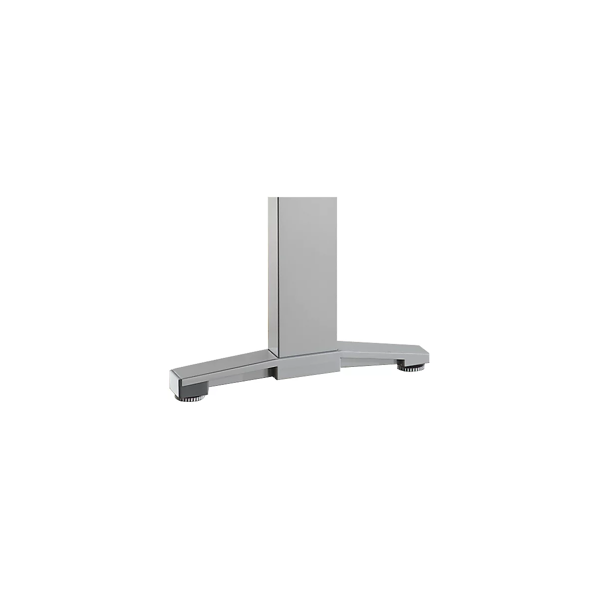 Gray desk leg with three legs. The legs have square, flat feet with black rubber pads.