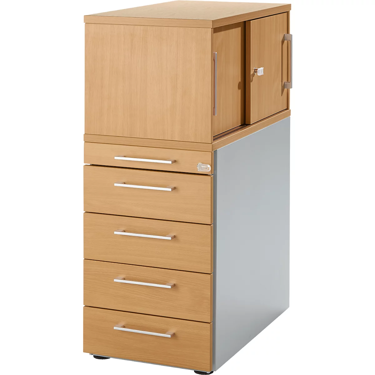 Schäfer Shop Genius Caisson haut avec armoire supérieure avec portes coulissantes verrouillables, L 435 x P 800 x H 1092 mm, poignées carrées, décor hêtre/aluminium blanc