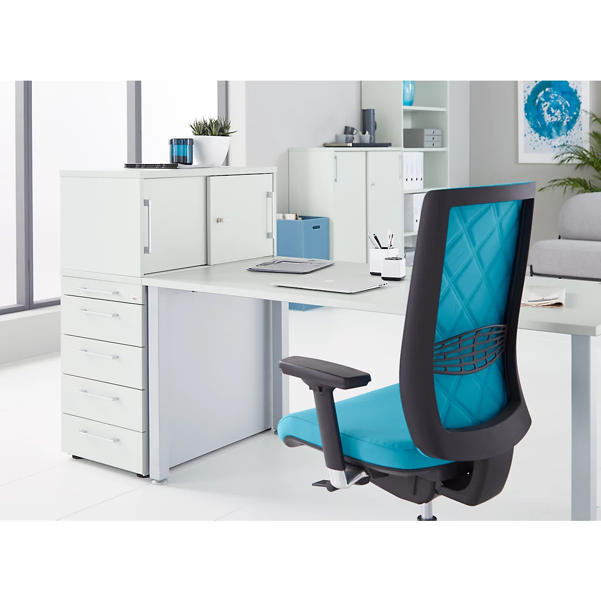 Schäfer Shop Genius Caisson haut avec armoire supérieure avec portes coulissantes verrouillables, L 435 x P 800 x H 1092 mm, poignées carrées, gris clair/aluminium blanc