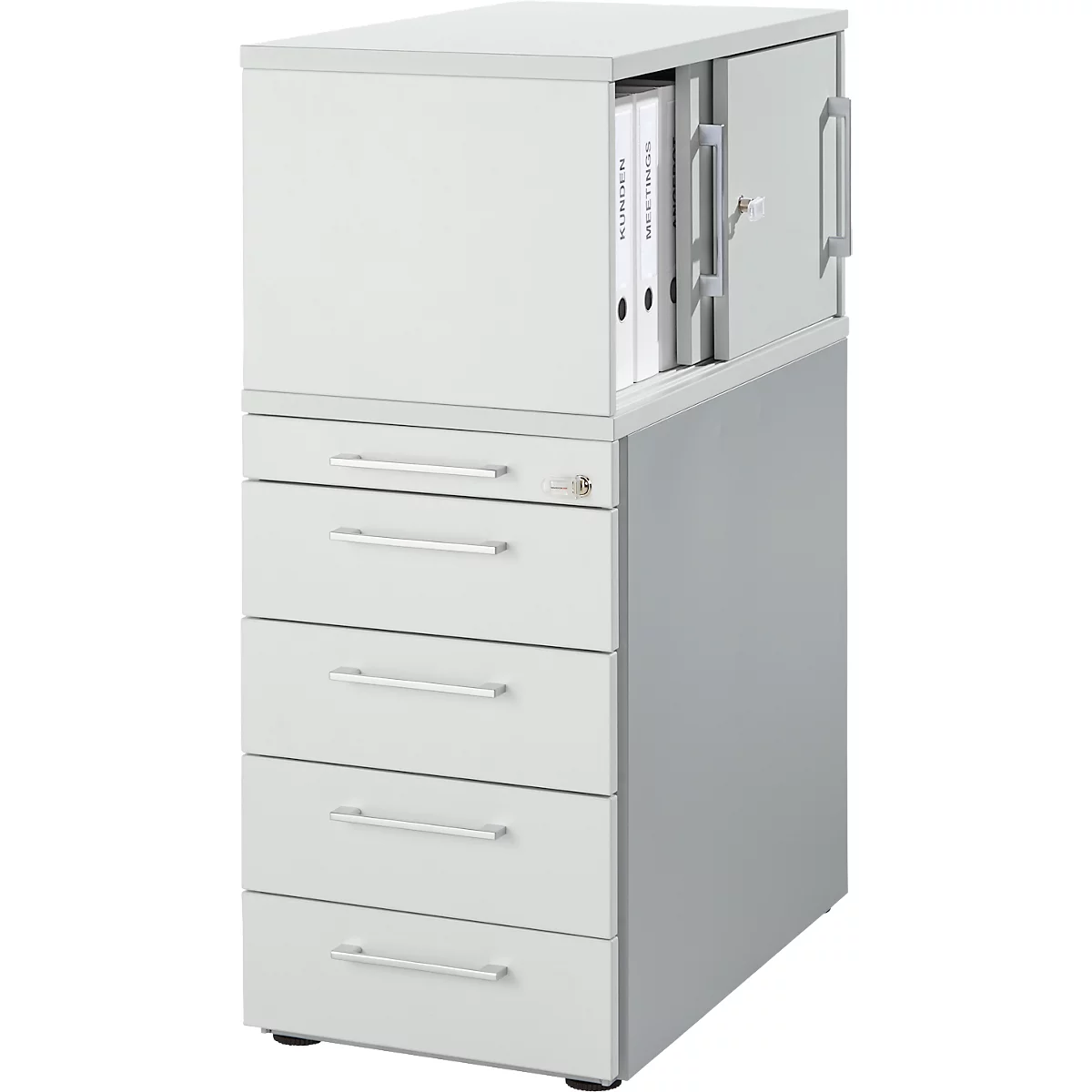 Schäfer Shop Genius Caisson haut avec armoire supérieure avec portes coulissantes verrouillables, L 435 x P 800 x H 1092 mm, poignées carrées, gris clair/aluminium blanc