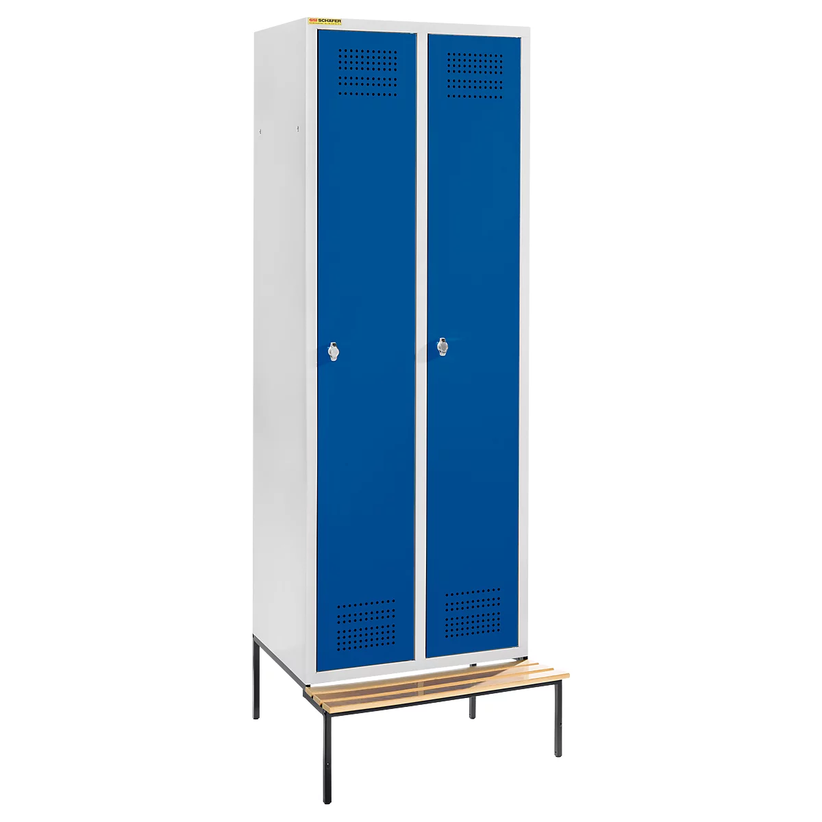 Schäfer Shop Genius Casier de vestiaires avec banc, 2 compartiments, largeur de compartiment 300 mm, serrure de sécurité à came batteuse, gris clair/bleu gentiane