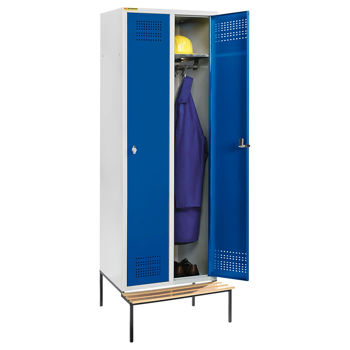 Schäfer Shop Genius Casier de vestiaires avec banc, 2 compartiments, largeur de compartiment 300 mm, serrure de sécurité à came batteuse, gris clair/bleu gentiane