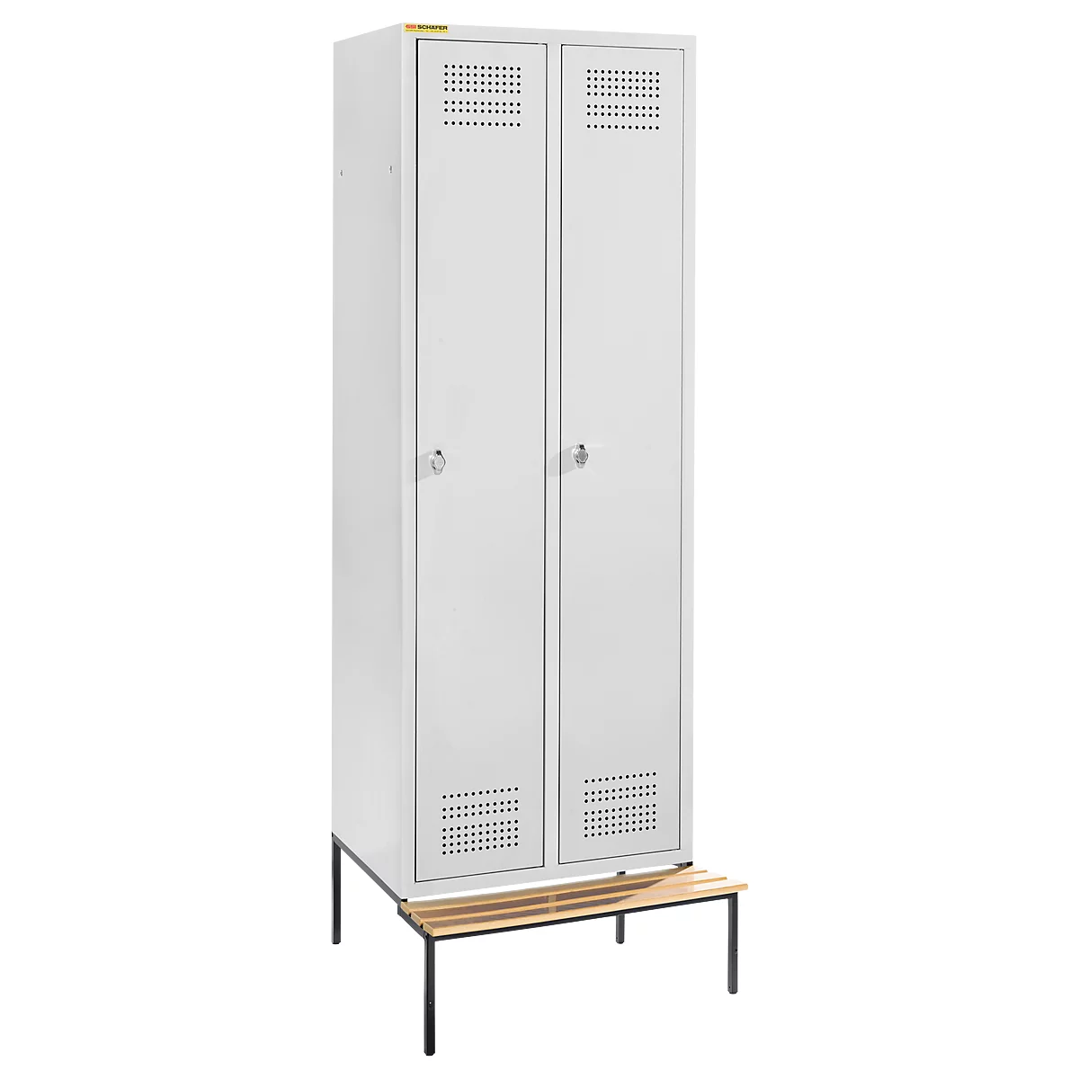 Schäfer Shop Genius Casier de vestiaires avec banc, 2 compartiments, largeur de compartiment 300 mm, serrure de sécurité à came batteuse, gris clair