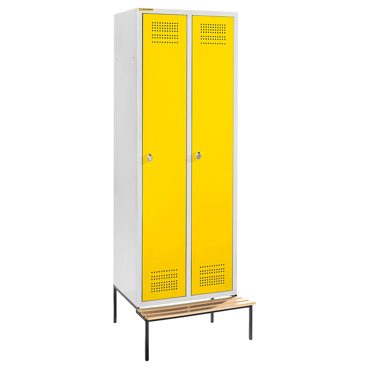 Schäfer Shop Genius Casier de vestiaires avec banc, 2 compartiments, largeur de compartiment 300 mm, serrure de sécurité à came batteuse, gris clair/jaune colza