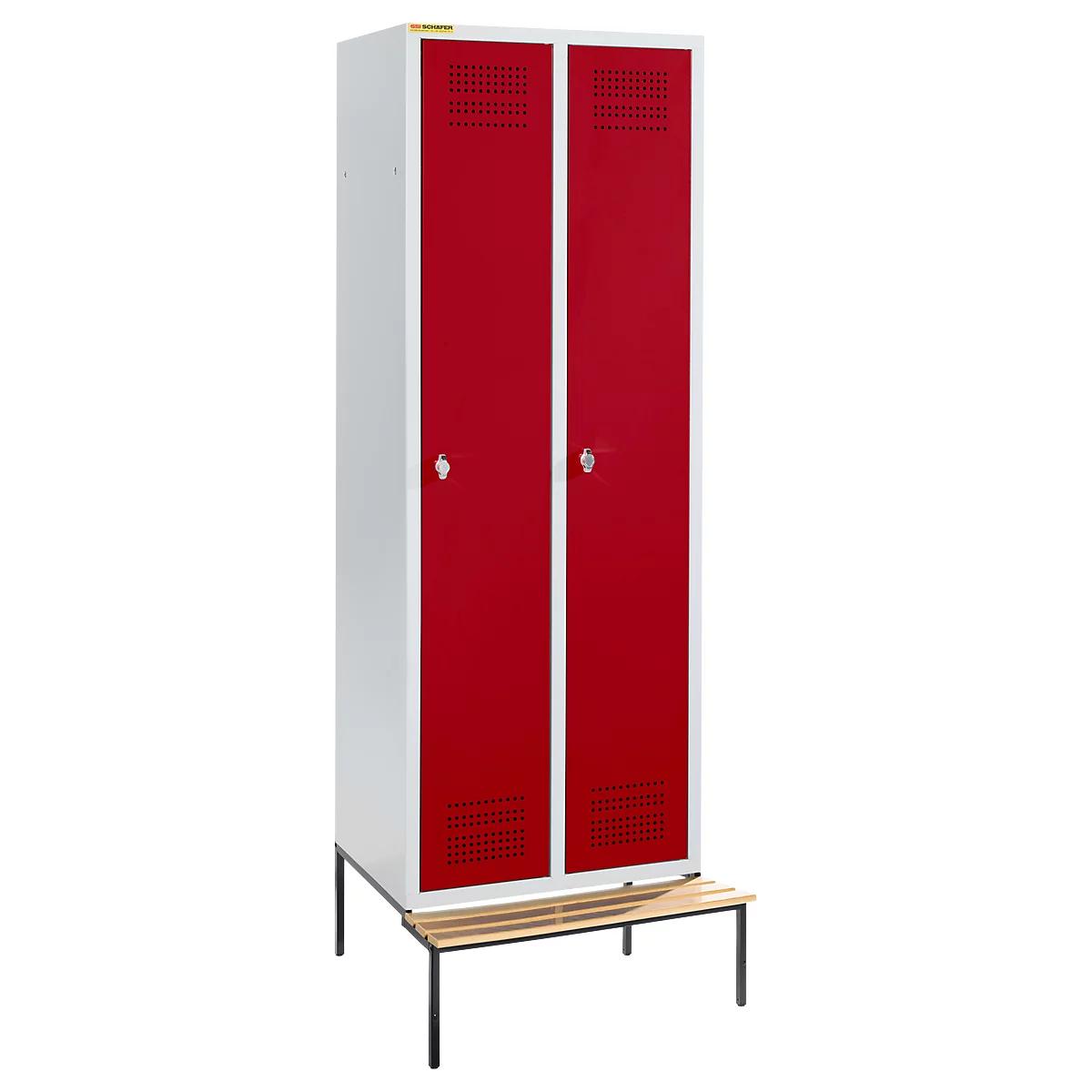 Schäfer Shop Genius Casier de vestiaires avec banc, 2 compartiments, largeur de compartiment 300 mm, serrure de sécurité à came batteuse, gris clair/rouge rubis