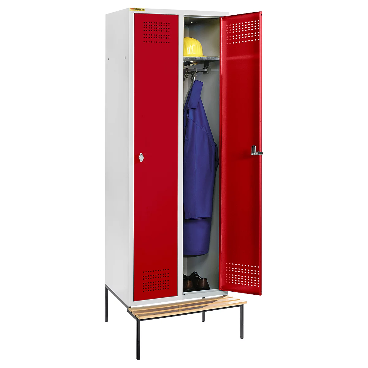 Schäfer Shop Genius Casier de vestiaires avec banc, 2 compartiments, largeur de compartiment 300 mm, serrure de sécurité à came batteuse, gris clair/rouge rubis
