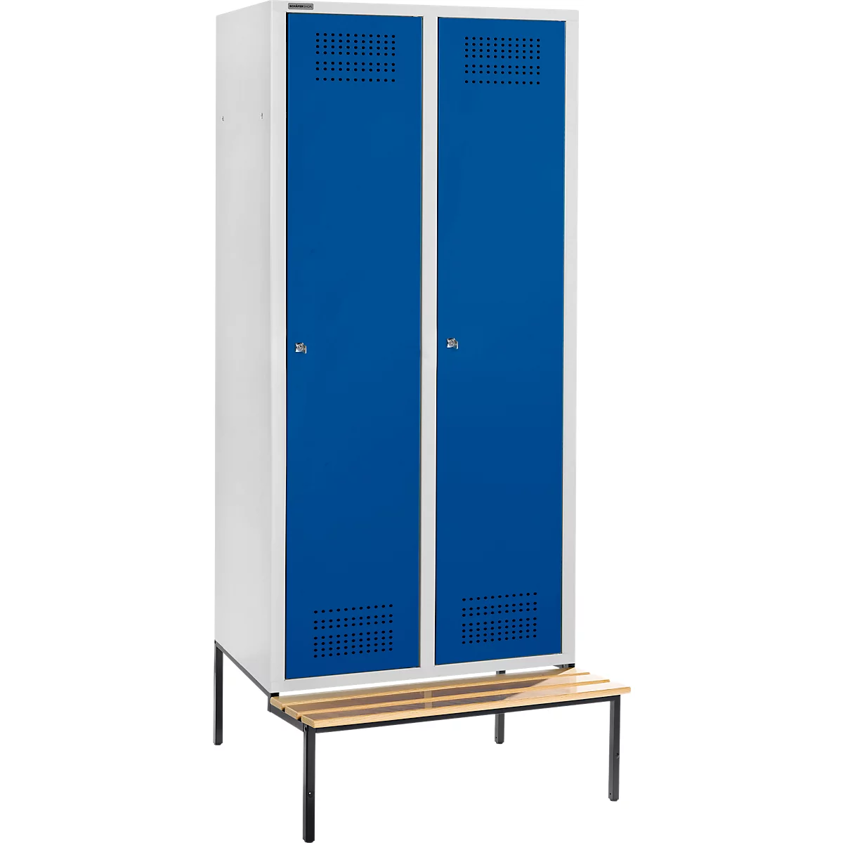Schäfer Shop Genius Casier de vestiaires avec banc, 2 compartiments, largeur de compartiment 400 mm, serrure à cylindre, gris clair/bleu gentiane