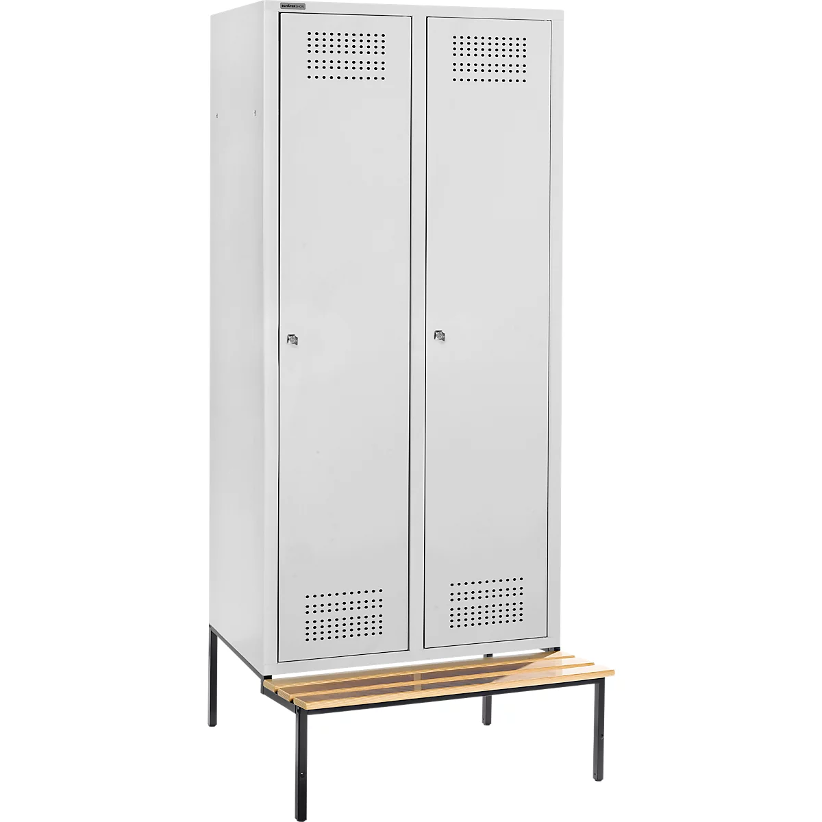 Schäfer Shop Genius Casier de vestiaires avec banc, 2 compartiments, largeur de compartiment 400 mm, serrure à cylindre, gris clair/gris clair