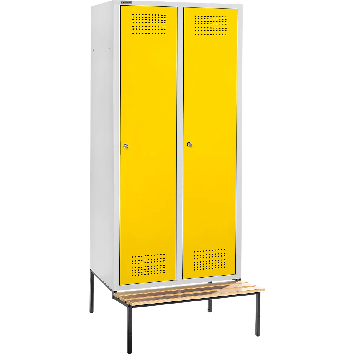 Schäfer Shop Genius Casier de vestiaires avec banc, 2 compartiments, largeur de compartiment 400 mm, serrure à cylindre, gris clair/jaune