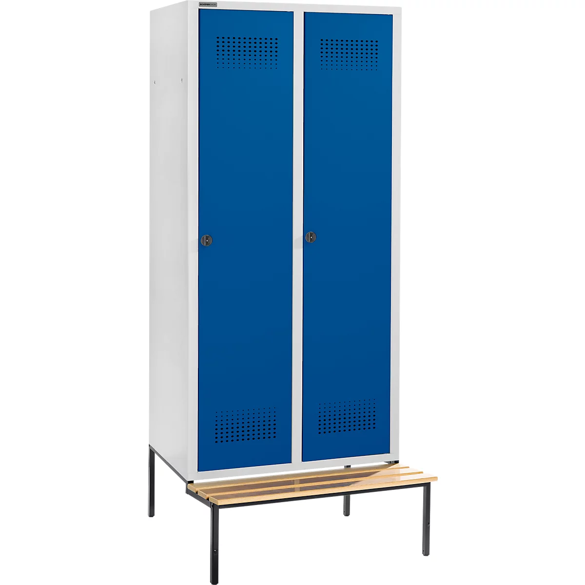 Schäfer Shop Genius Casier de vestiaires avec banc, 2 compartiments, largeur de compartiment 400 mm, serrure de sécurité à came batteuse, gris clair/bleu gentiane