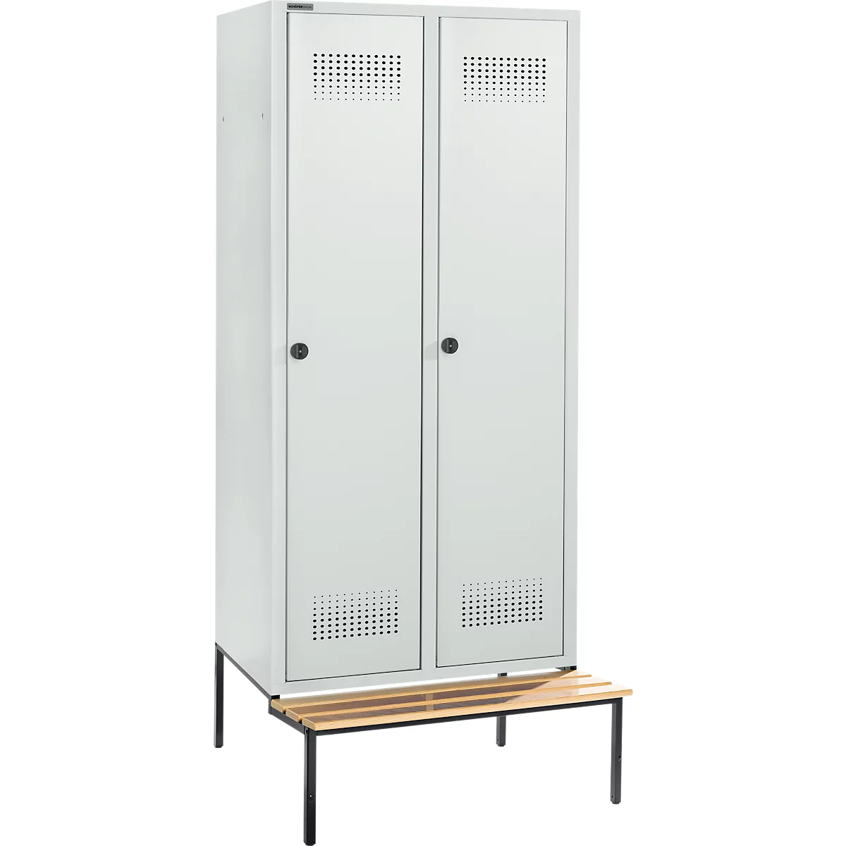 Schäfer Shop Genius Casier de vestiaires avec banc, 2 compartiments, largeur de compartiment 400 mm, serrure de sécurité à came batteuse, gris clair/gris clair