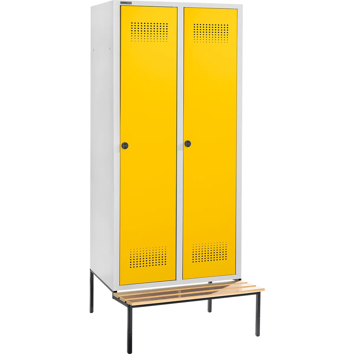 Schäfer Shop Genius Casier de vestiaires avec banc, 2 compartiments, largeur de compartiment 400 mm, serrure de sécurité à came batteuse, gris clair/jaune