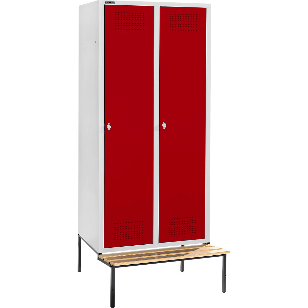 Schäfer Shop Genius Casier de vestiaires avec banc, 2 compartiments, largeur de compartiment 400 mm, serrure de sécurité à came batteuse, gris clair/rouge rubis