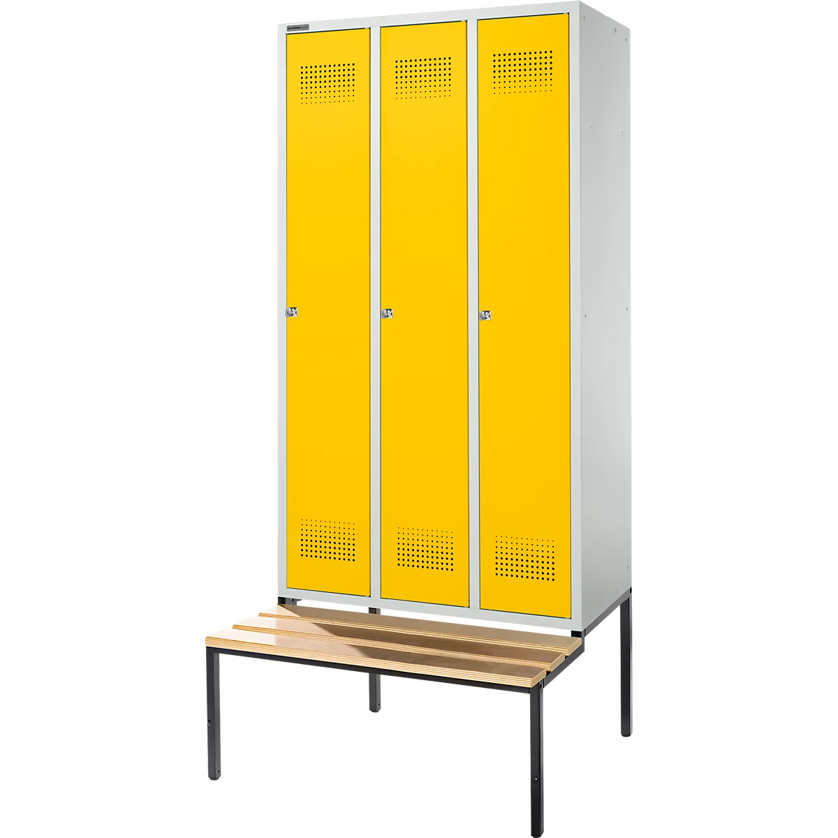 Schäfer Shop Genius Casier de vestiaires avec banc, 3 compartiments, largeur de compartiment 300 mm, serrure à cylindre, gris clair/jaune colza