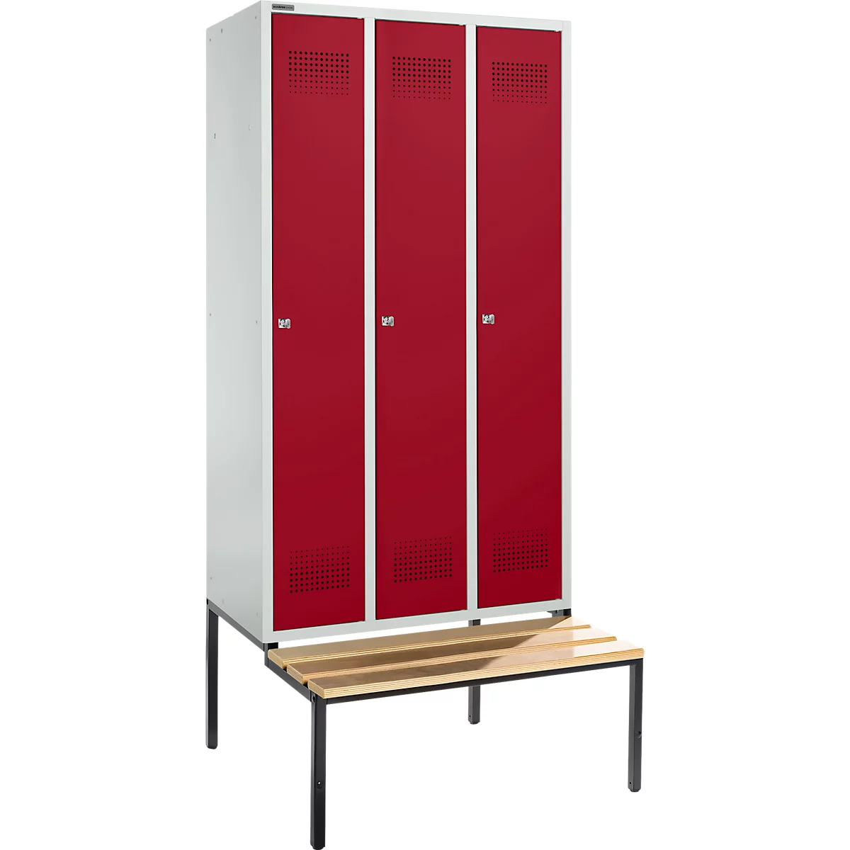Schäfer Shop Genius Casier de vestiaires avec banc, 3 compartiments, largeur de compartiment 300 mm, serrure à cylindre, gris clair/rouge rubis