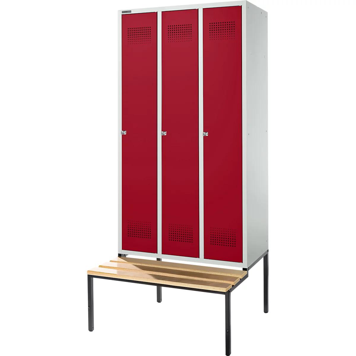 Schäfer Shop Genius Casier de vestiaires avec banc, 3 compartiments, largeur de compartiment 300 mm, serrure à cylindre, gris clair/rouge rubis