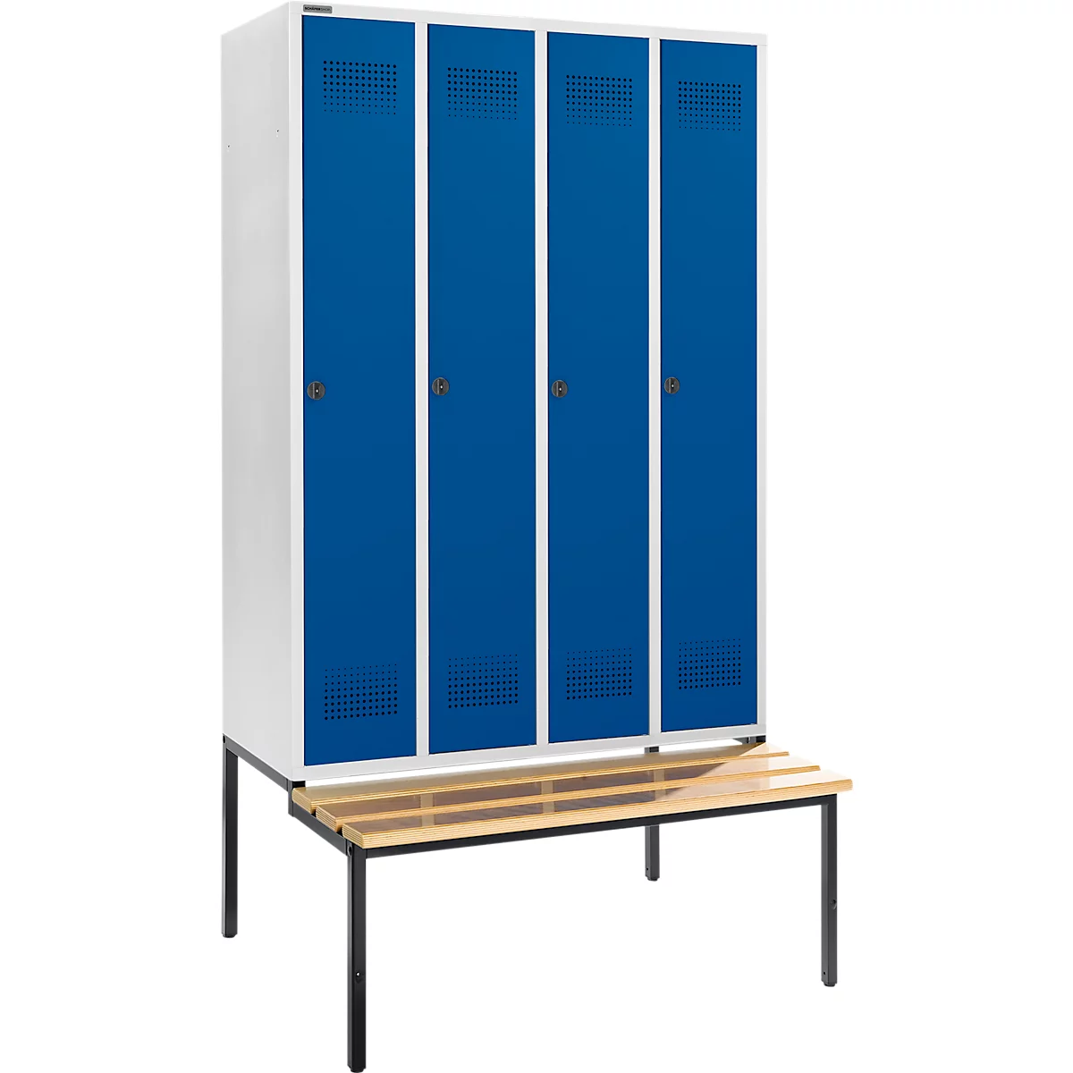 Schäfer Shop Genius Casier de vestiaires avec banc, 4 compartiments, largeur de compartiment 300 mm, serrure de sécurité à came batteuse, gris clair/bleu gentiane