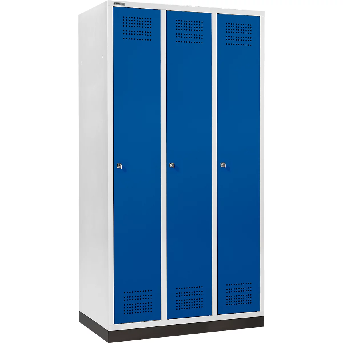 Schäfer Shop Genius Casier de vestiaires sur socle, 3 compartiments, largeur de compartiment 300 mm, serrure à cylindre, bleu gentiane